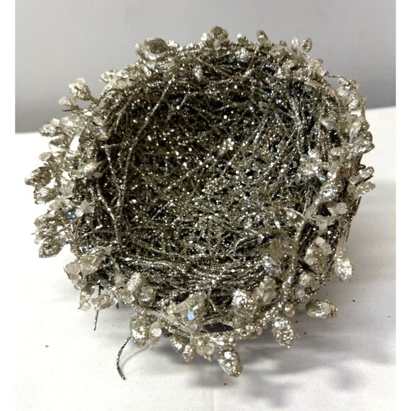 Silver Glittered Decorative Bird Nest With Crystal Accents - Picture 1 of 5